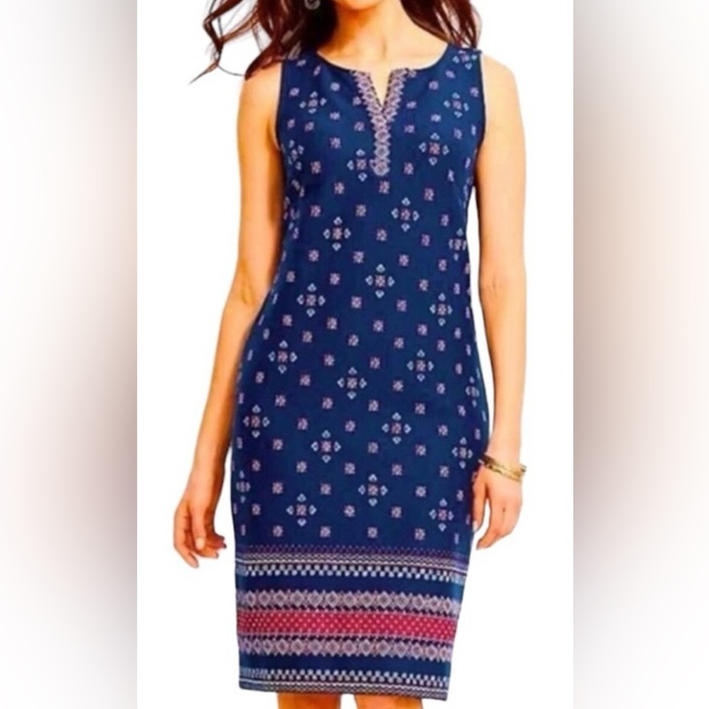 Talbots Navy blue, red and white V necked sleeveless Midi Dress